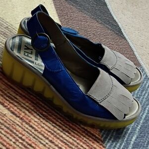 Fly London Leather Bind Blue and Yellow  Sandals SZ 40
